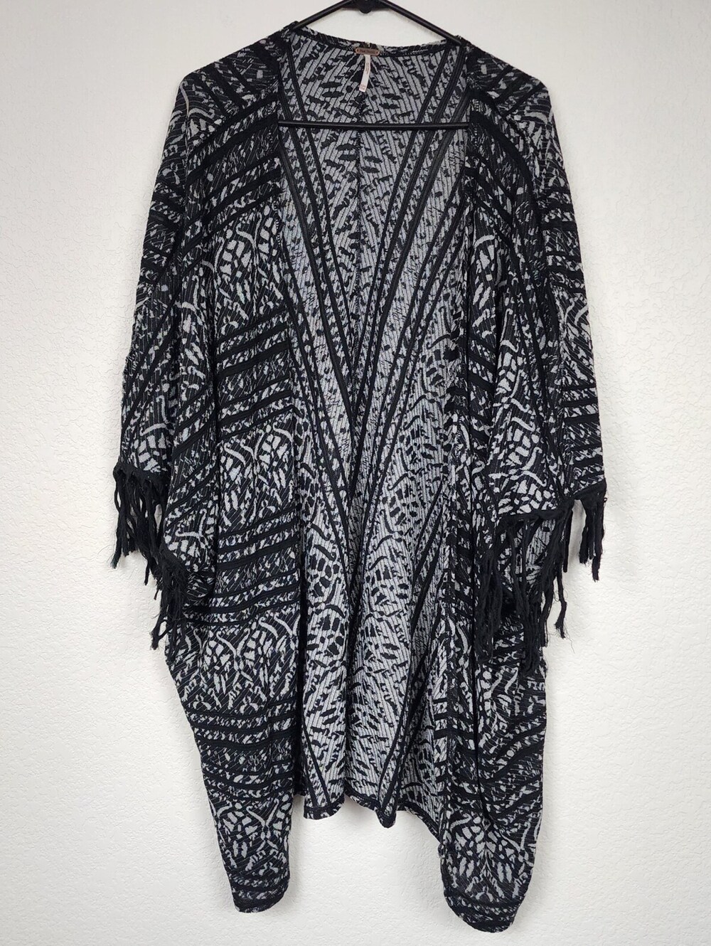 Free People Black Tribal Pattern Fringe Kimono Cardigan Sweater